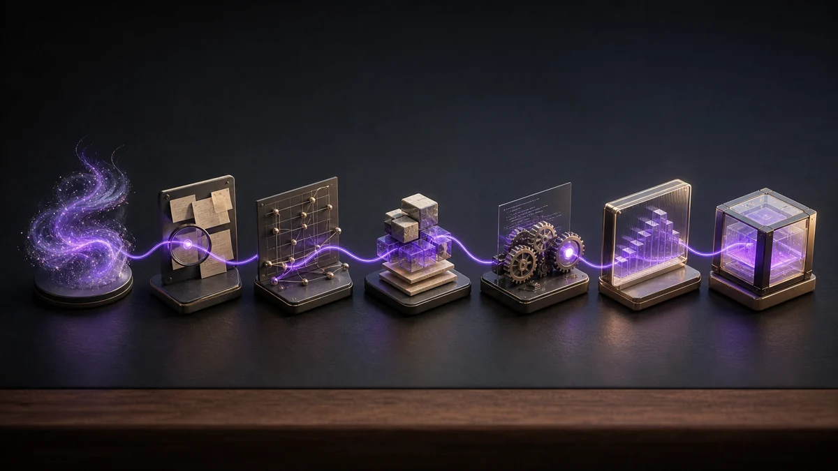 Seven connected stages transforming an idea signal into a finished AI product
